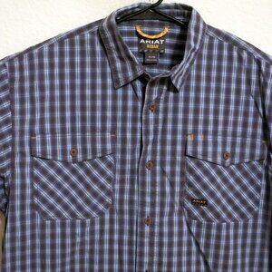 Ariat Shirt Mens XL Rebar Short Sleeve Button Workwear Blue Black Striped